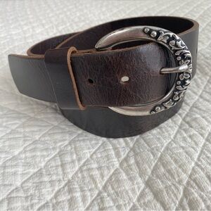 Festival Western Landes Brown Leather Belt Silver Floral Motif Stamped Buckle M